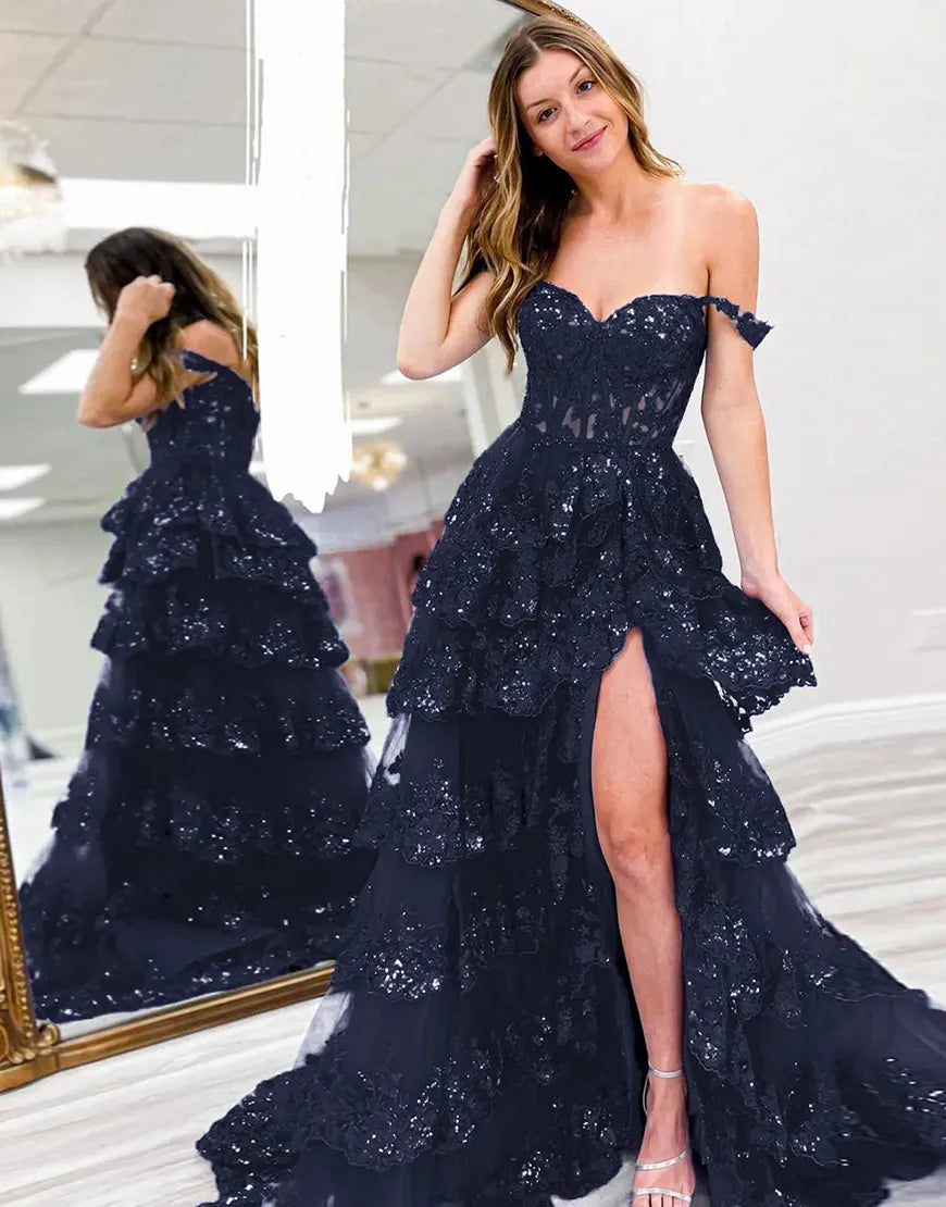 Wholesale Charming A-Line Sweep Train Long Tiered Prom Dress With Split long prom dresses with sleeves